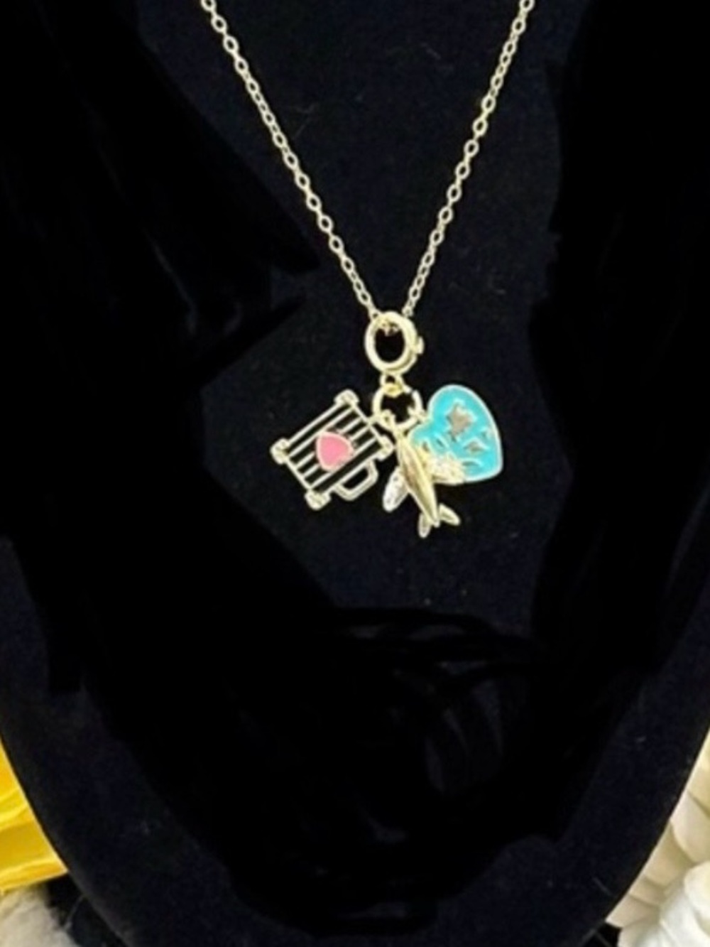 Travel Charm Necklace Gemstone Plane Suitcase and World Globe Heart NEW!!